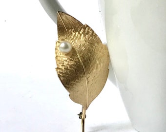 Vintage Cultured Pearl Leaf Brooch, Krementz Pearl Brooch