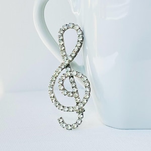 Vintage Musical Note Brooch, Treble Clef Crystal Pin