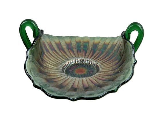 Vintage Fenton Green Carnival Glass Stippled Rays Bon Bon Candy Dish