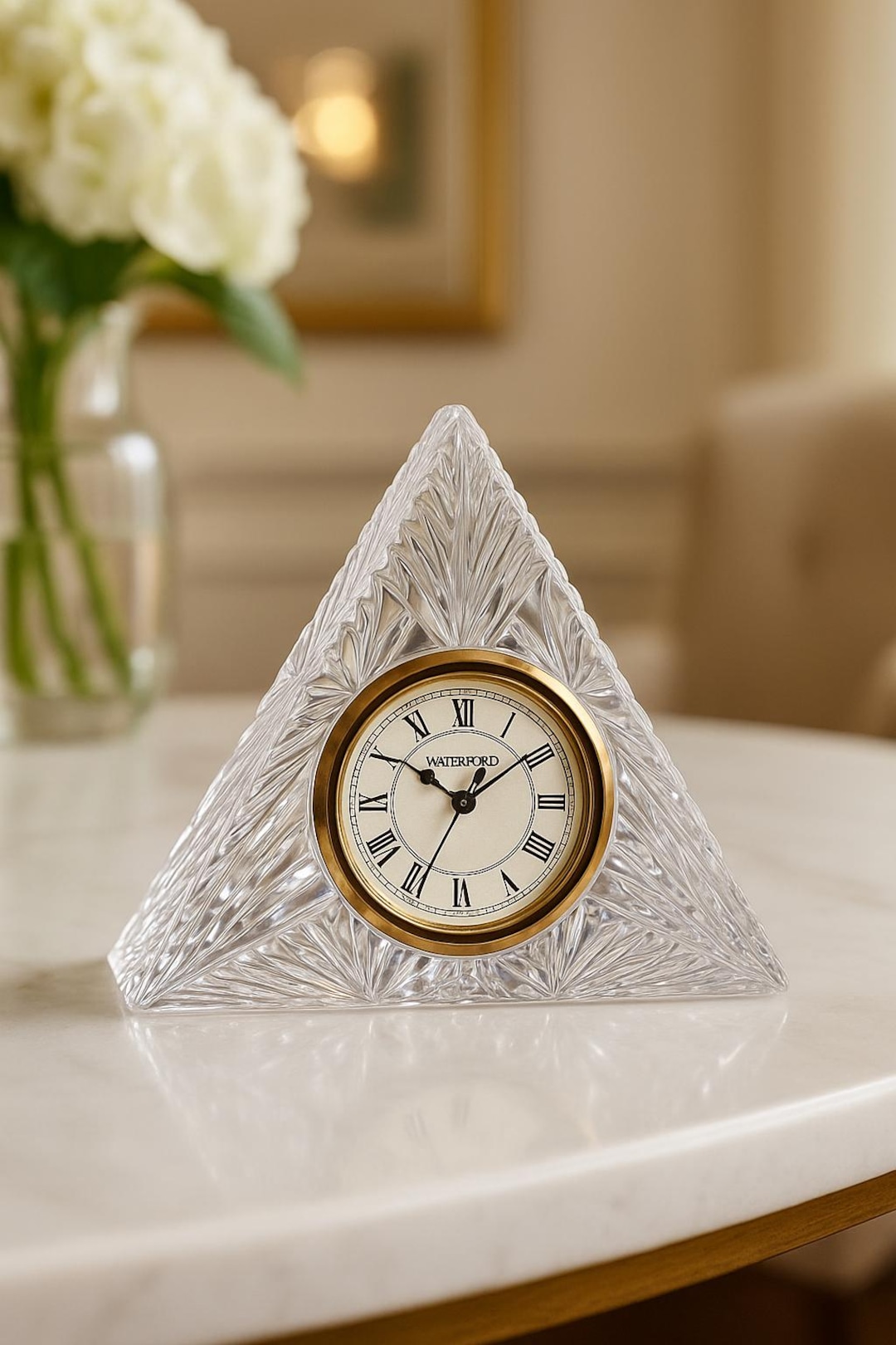 Waterford Crystal Pyramid Clock Cut Glass Desk Clock Vintage Geometric ...