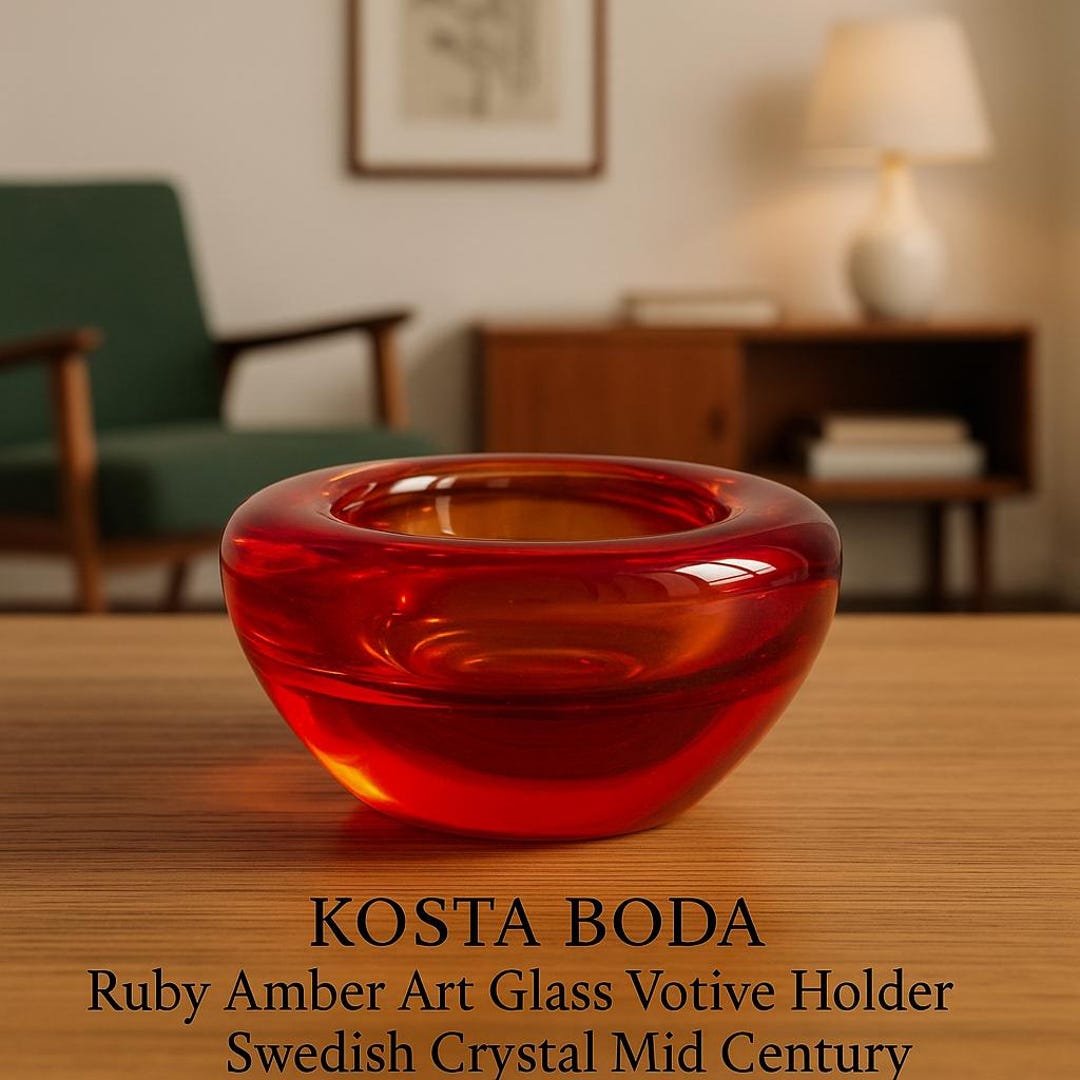 Kosta Boda Ruby Amber Art Glass Votive Holder Swedish Crystal