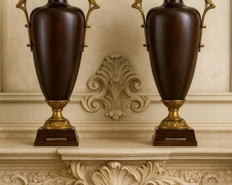 Large Bronzed Pair of Urns Gilt Brass 17 Inch Neoclassical Art Deco Console Mantel Designer Statement Decor on Plinth