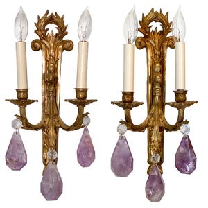 Vintage Pair of Sconces French Louis XV Candelabras Gold Gilded Amethyst Crystal  Electric Wall Lights Louis XV Rocco Style