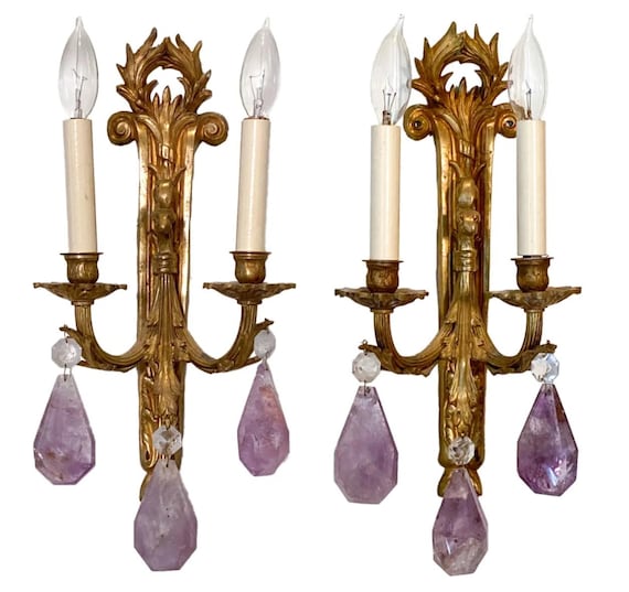 Vintage Pair of Sconces French Louis XV Candelabras Gold Gilded Amethyst Crystal  Electric Wall Lights Louis XV Rocco Style