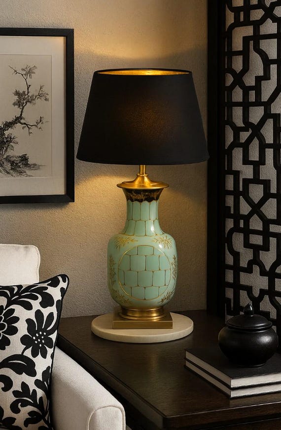 Vintage Nora Fenton Mint Green Porcelain Brass and Marble Table Lamp Hand Painted 1970s Mid Century Modern Lighting
