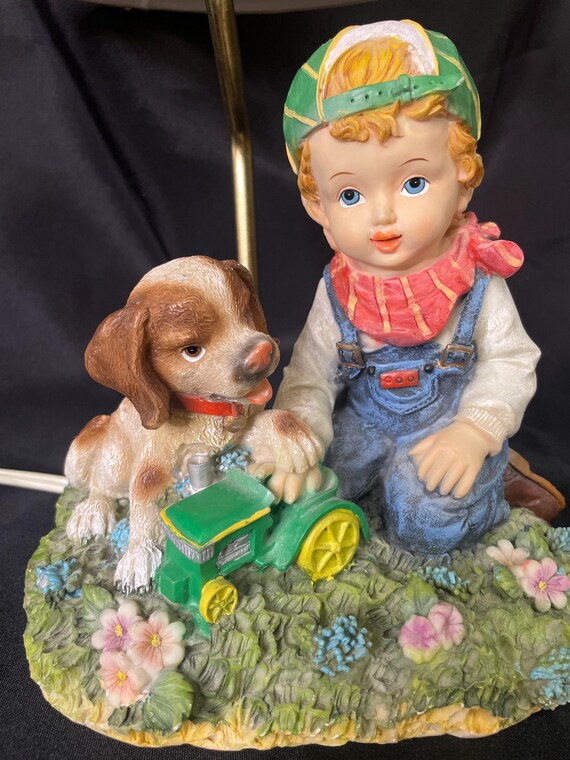 Vintage Lamp Boy And Dog With Tractor Shade Included Childs Lamp Nightlight Nursery Room Light Children’s Lamp