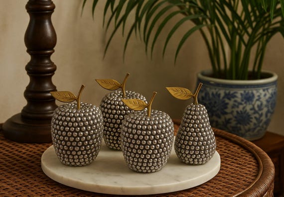 Three Silver Bead Apples and One Pear with Brass Leaves Hollywood Regency Table Decor Set of 4