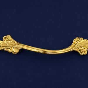 May include: A gold-colored, ornate cabinet pull handle. The handle has a curved design with floral and leaf detailing on each end. The hardware is set against a dark blue background.