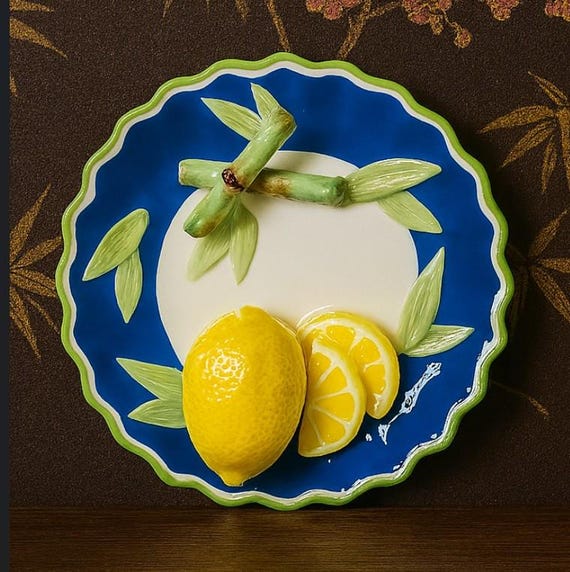 Bella Casa by Ganz Fruit Plates Set Lemon Peach Ceramic Wall Decor Kitchen Dining Art Pottery Serving Plates