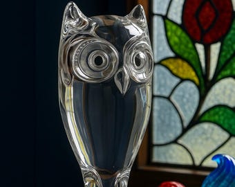 Crystal Owl Sculpture Art Glass Daum France Style Mid Century European Crystal Decor Statement Clear Owl Figurine