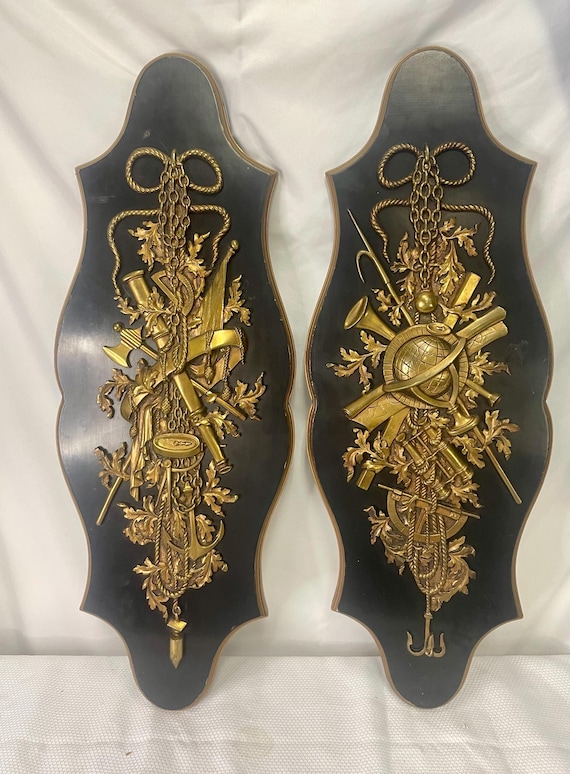 Antique Pair Large French Louis XVI Gilt Bronze Wall Plaques – Military & Science Trophies – Ebonized Panels – Neoclassical Ormolu
