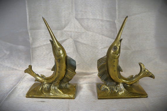 French Pair of Swordfish Bookends Bronze Original Heavy Nautical Decor Sculptur