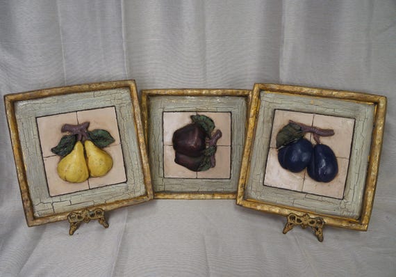 Vintage 3D Fruit Wall Art Set of 3 – Heavy Ceramic - Tuscan Tiles 1950's-60's