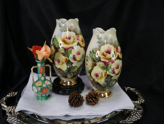 Vintage Pair of Vases Ucagco Japan Marked and Numbered Roses 8"  Old Paris Style  Vases Beautifully Decorated Hand Painted