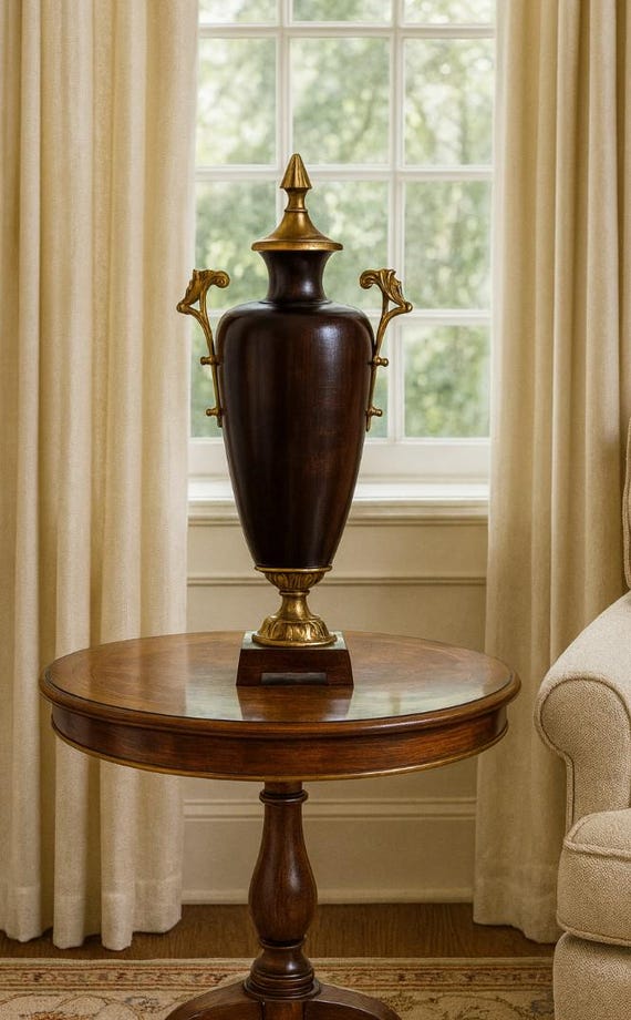 Vintage Empire Revival Wood and Gilt Brass Urn Vase 17 Inch Neoclassical Hollywood Regency Mantel Accent with Ornate Handles and Finial