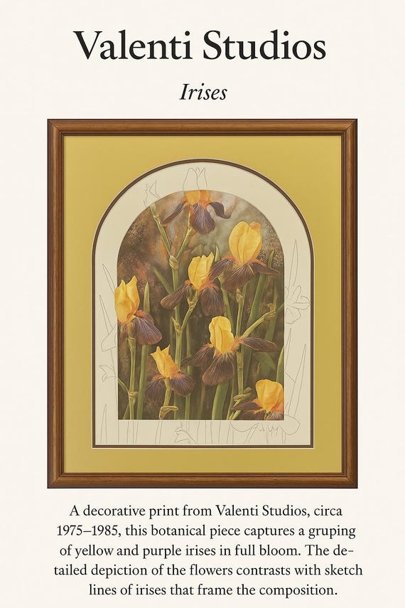 Vintage Valenti framed floral art print signed yellow and purple iris flowers decorative botanical floral wall decor