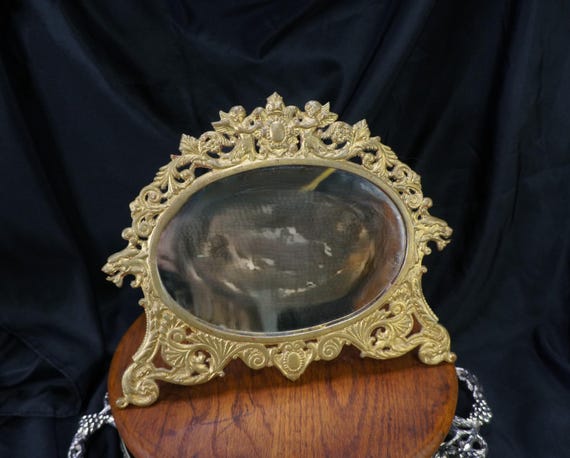 Vintage Mirror on Stand for Vanity or Photo Frame With Lion Cupid and Acanthus