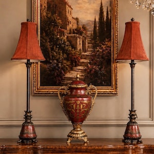 Urn And Lamps Garniture Set 3 Piece Tuscan Red Gold Buffet Lamps & Lidded Urn