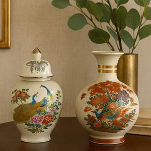 Vintage Japanese Kutani Sanford Vase and Ginger Jar Pair Hand Painted Crackle