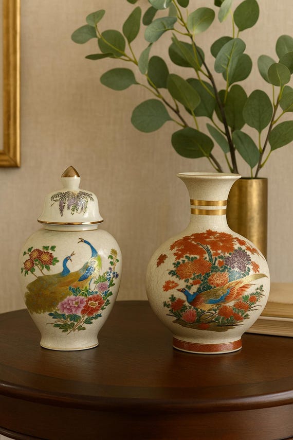 Vintage Japanese Kutani Sanford Vase and Ginger Jar Pair Hand Painted Crackle