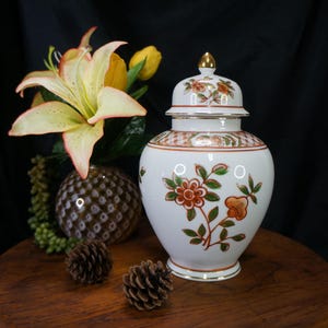 Vintage Ginger Jar or Vase Hand Painted Andrea by Sadek Japanese Floral Imari Style Beautiful White Porcelain with Red Green Gold Accents