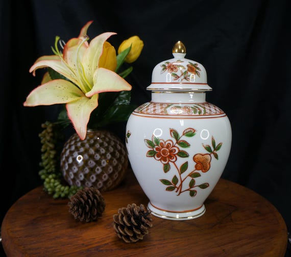 Vintage Ginger Jar or Vase Hand Painted Andrea by Sadek Japanese Floral Imari Style Beautiful White Porcelain with Red Green Gold Accents