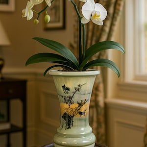 Celadon vase orchid pot large hand painted  pierced with floral plum blossom birds signed