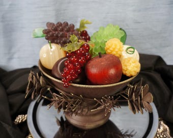 Vintage Artisan Copper Colored Metal Pedestal Bowl With Handcrafted Pine Cones