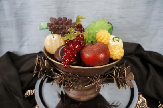Vintage Artisan Copper Colored Metal Pedestal Bowl With Handcrafted Pine Cones