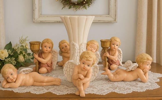 Vintage Ceramic Angel Figurine Set with Vase Scioto and Margie Hand Painted Cherubs Shabby Chic Cottagecore Deco