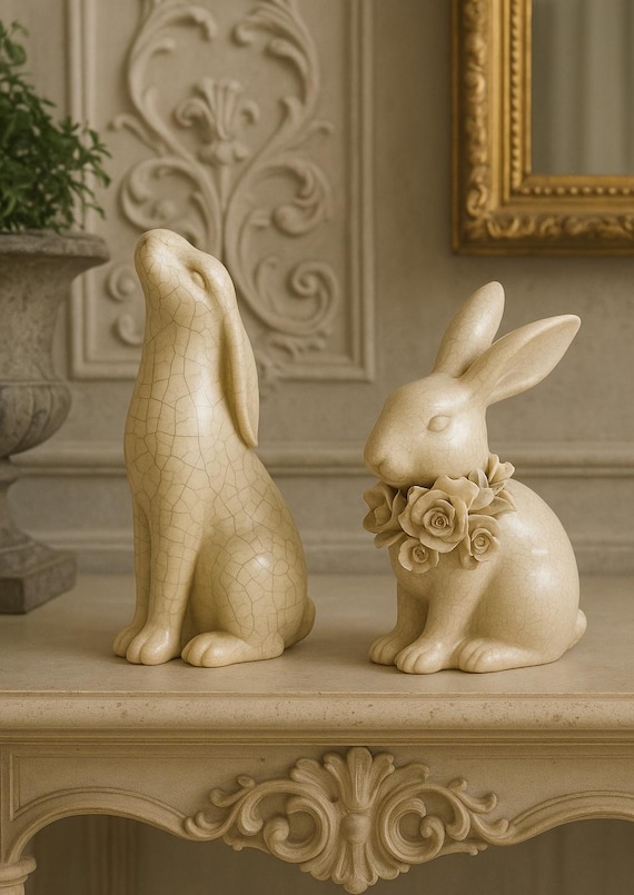 Pair French Craquelé Atelier Porcelain Rabbits Vintage Crackle Glaze Porcelain Figurines with Floral Garland