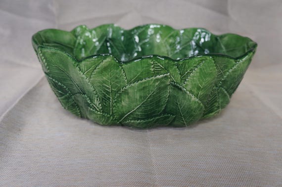 Vintage Italian Majolica Leaf Bowl 10.5" Hand Painted Green Oblong Ceramic