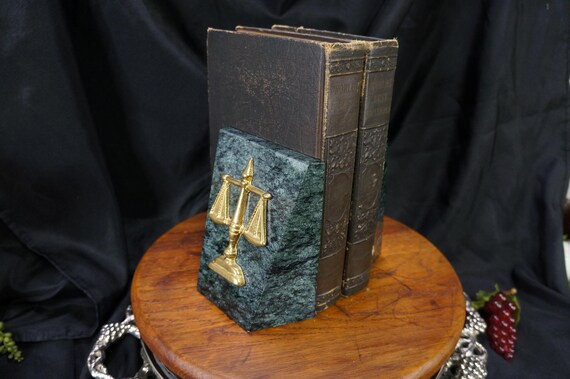 Vintage Bookends Pair Heavy Green Marble Mounted with Brass Scales of Justice