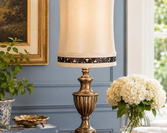 Barrel Lampshade Cream Shantung Silk Filigree Leaf Trim Hollywood Regency Soft Back Shade 9 Inch Diameter 11 Inch Tall