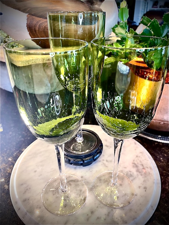 Pier 1 Pantiago Wine Glasses, Olive Green Crackle Glass, Set of 3