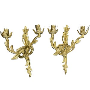 Vintage Sconces Pair of  French Louis XV Heavy Solid Brass Sconces Mid Century Modern Hollywood Regency