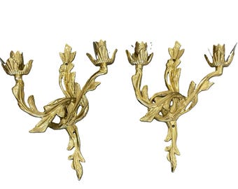 Vintage Sconces Pair of  French Louis XV Heavy Solid Brass Sconces Mid Century Modern Hollywood Regency