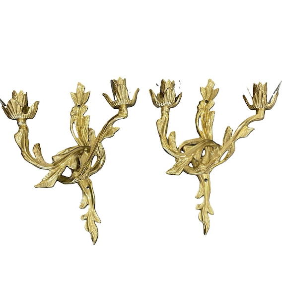 Vintage Sconces Pair of  French Louis XV Rocco Solid Brass Candelabras Mid Century Modern Hollywood Regency Syrocco