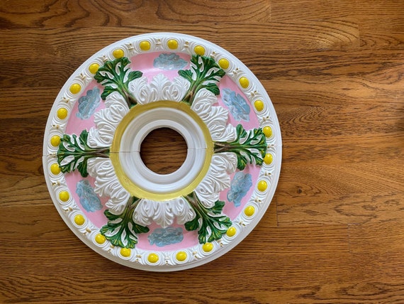 Medallion, Ceiling, Split, Hand Painted, Floral, Tri Color, 18 inches Outside Diameter (OD) and 3 1/2 inches ID, and 2 1/2 inches thick