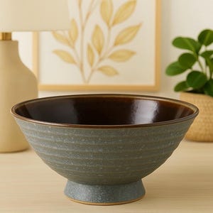 May include: A ceramic bowl with a dark brown interior and a textured, gray-blue exterior. The bowl sits on a small, round, gray base. The bowl is likely used for serving food or as a decorative piece.