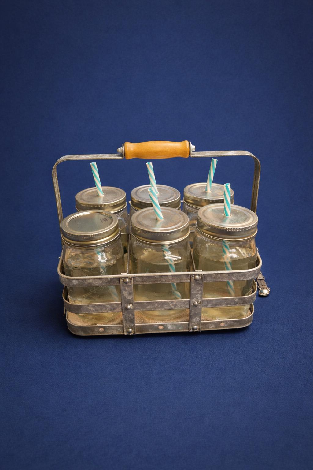 Vintage Mason Jar Drink Set with Metal Carrier, 6 Glass Jars & Striped  Straws