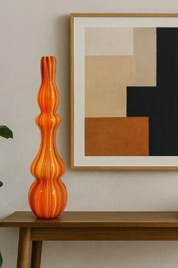 Murano style hand blown striped glass vase 18 inch tall multicolor orange yellow red blue modernist interior design décor