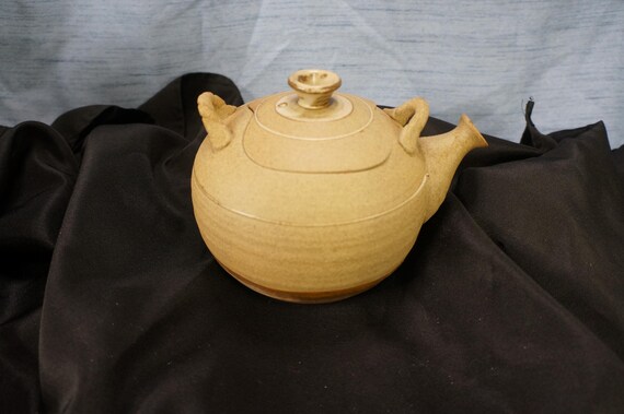 Antique Chinese Yixing Clay Zisha Teapot 1800s Ceremonial Tea Palm Held With Flared Spout And Two Handles