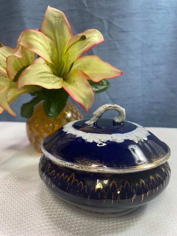 Antique Porcelain Bowl Mercer Flow Blue White Gold Jewelry or Trinket Box