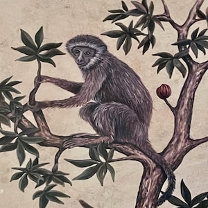 Könnte beinhalten: Aquarellmalerei eines Affen, der auf einem Ast mit dunkelgrünen Blättern sitzt. Der Affe hat graues und braunes Fell und hält einen Ast. Der Baumstamm und die Äste sind braun. Der Hintergrund ist hellbeige.
