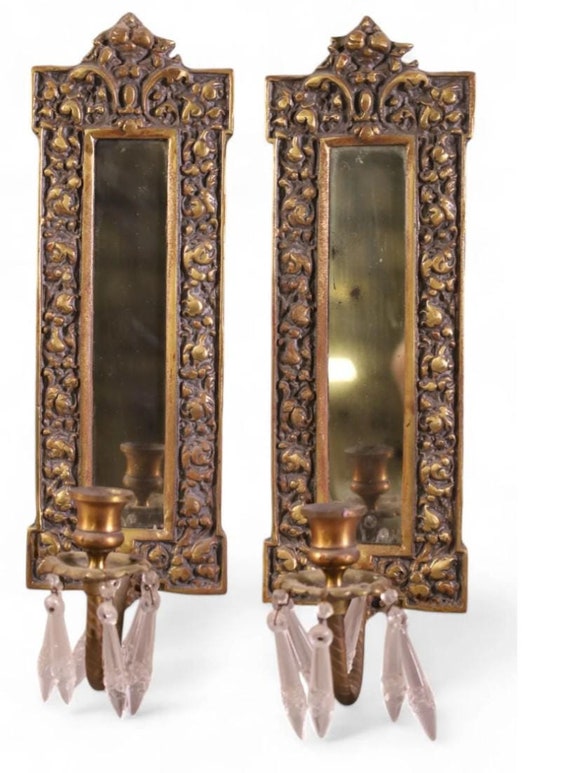 Sconce Ornate Bronze and Crystal French Antique Mirrored Candle Sconce