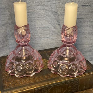 Pair of Vintage LE Smith Moon and Stars Pink Glass Candleholders Midcentury American Pressed Glass Wedding Vanity or Table Decor
