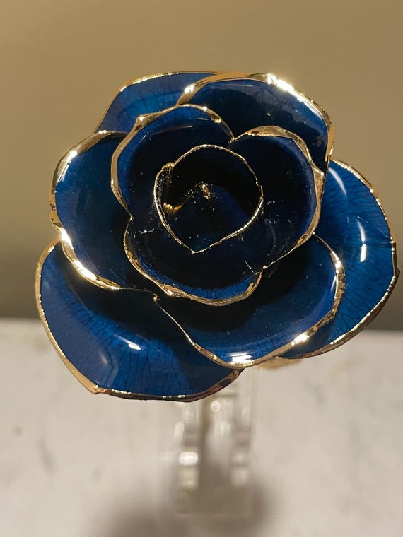 New Gold Real Blue Rose Dipped in Gold Long Stem Authenticity Certificate with Stand Mothers Day Gift, Anniversay Gift, Birthday Gift