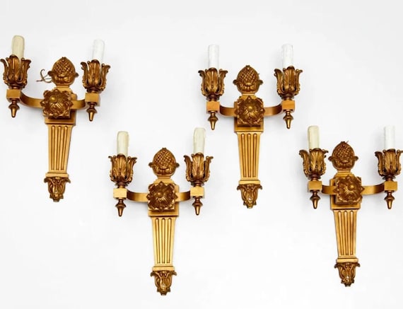 Vintage Sconces Four Matching LARGE French Electrified Gold Gilt WOW Factor Beautiful