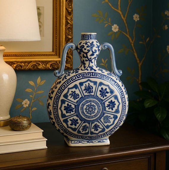 Antique style Chinese blue white porcelain moon flask vase with double handles Qing dynasty revival